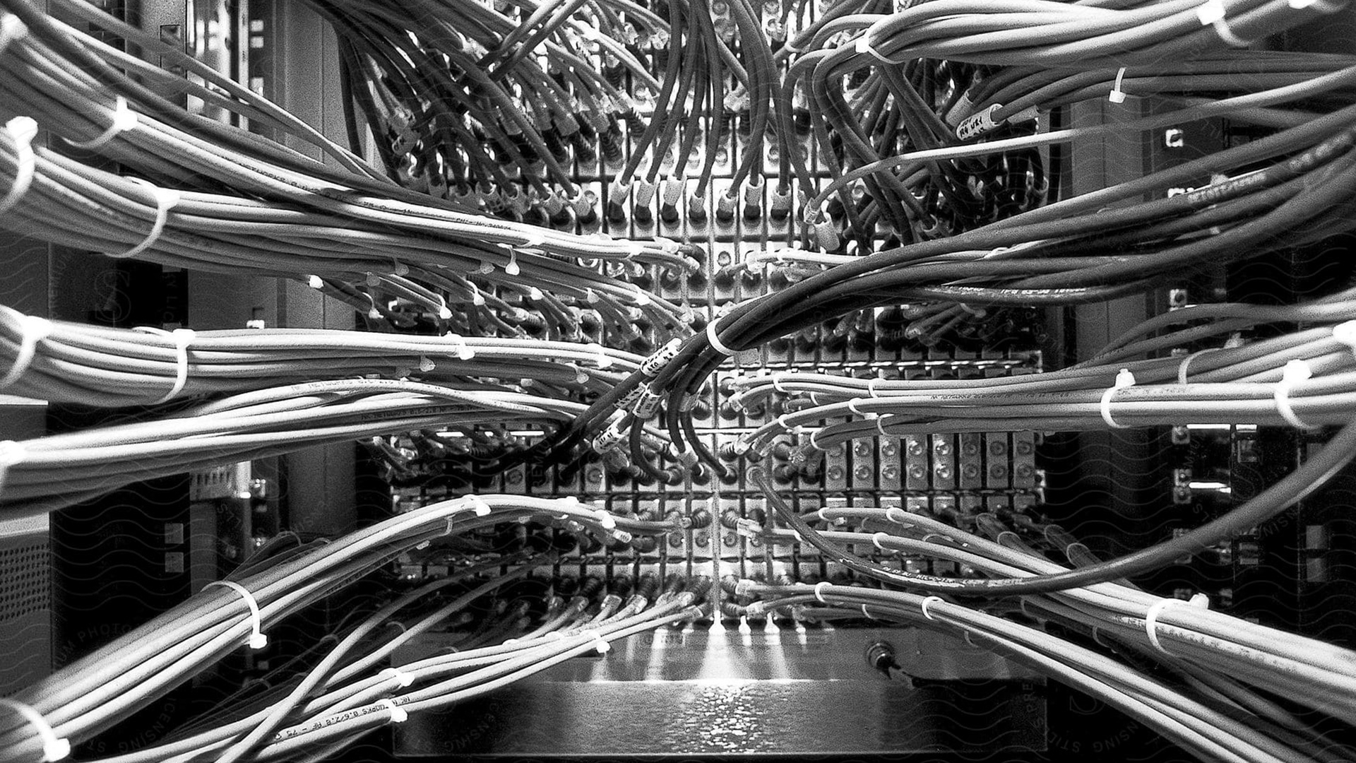 A close-up view of numerous network cables connected to a server rack in a data center, showing a tangle of wires and connectors. The image is in black and white, emphasizing the complexity and density of the cabling setup. - CSA Catapult