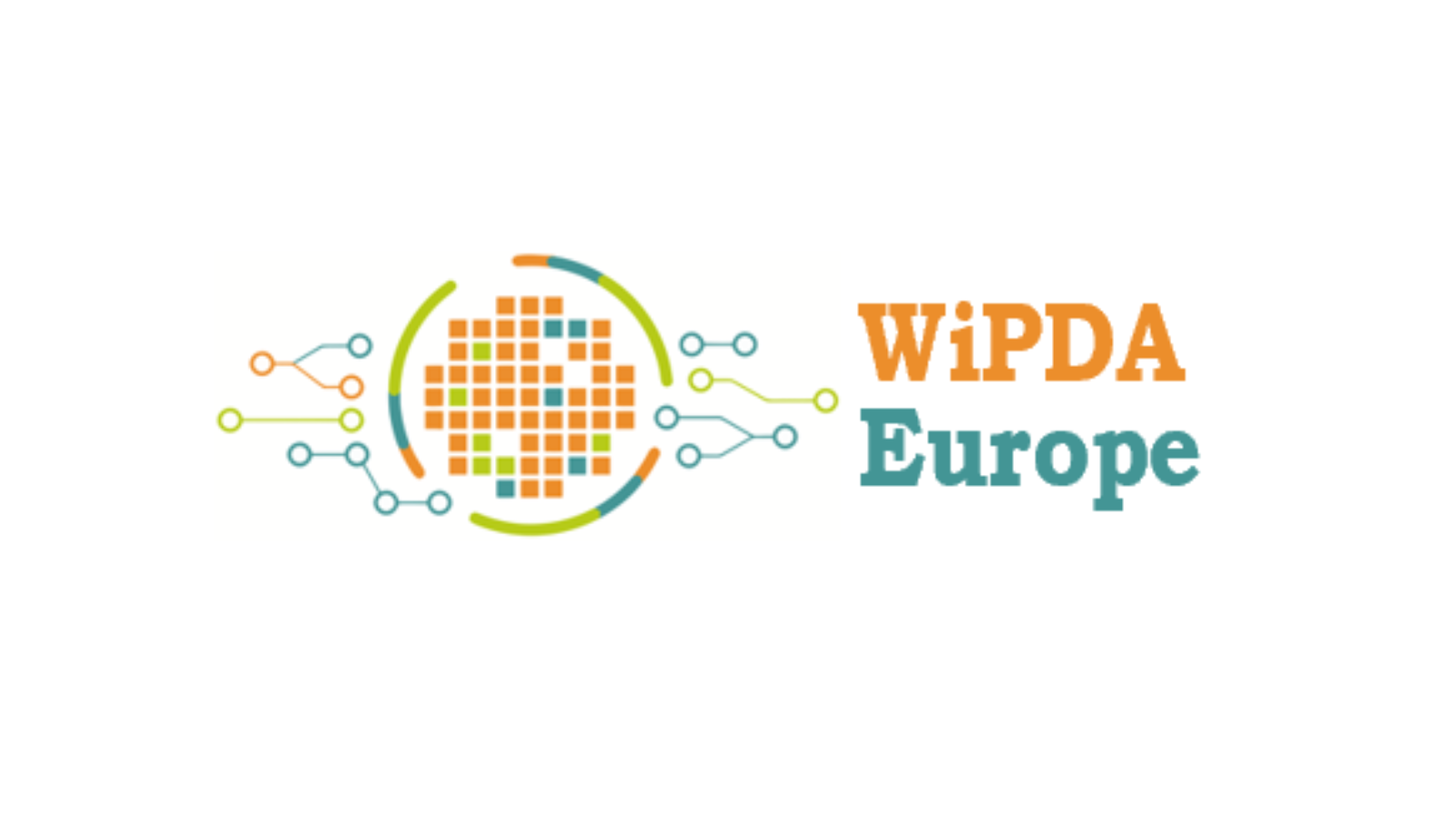 Logo of WiPDA Europe featuring a stylized map composed of colored squares and electronic circuit lines branching out. The text "WiPDA Europe" is placed to the right, with "WiPDA" in orange and "Europe" in teal. The background is white. - CSA Catapult