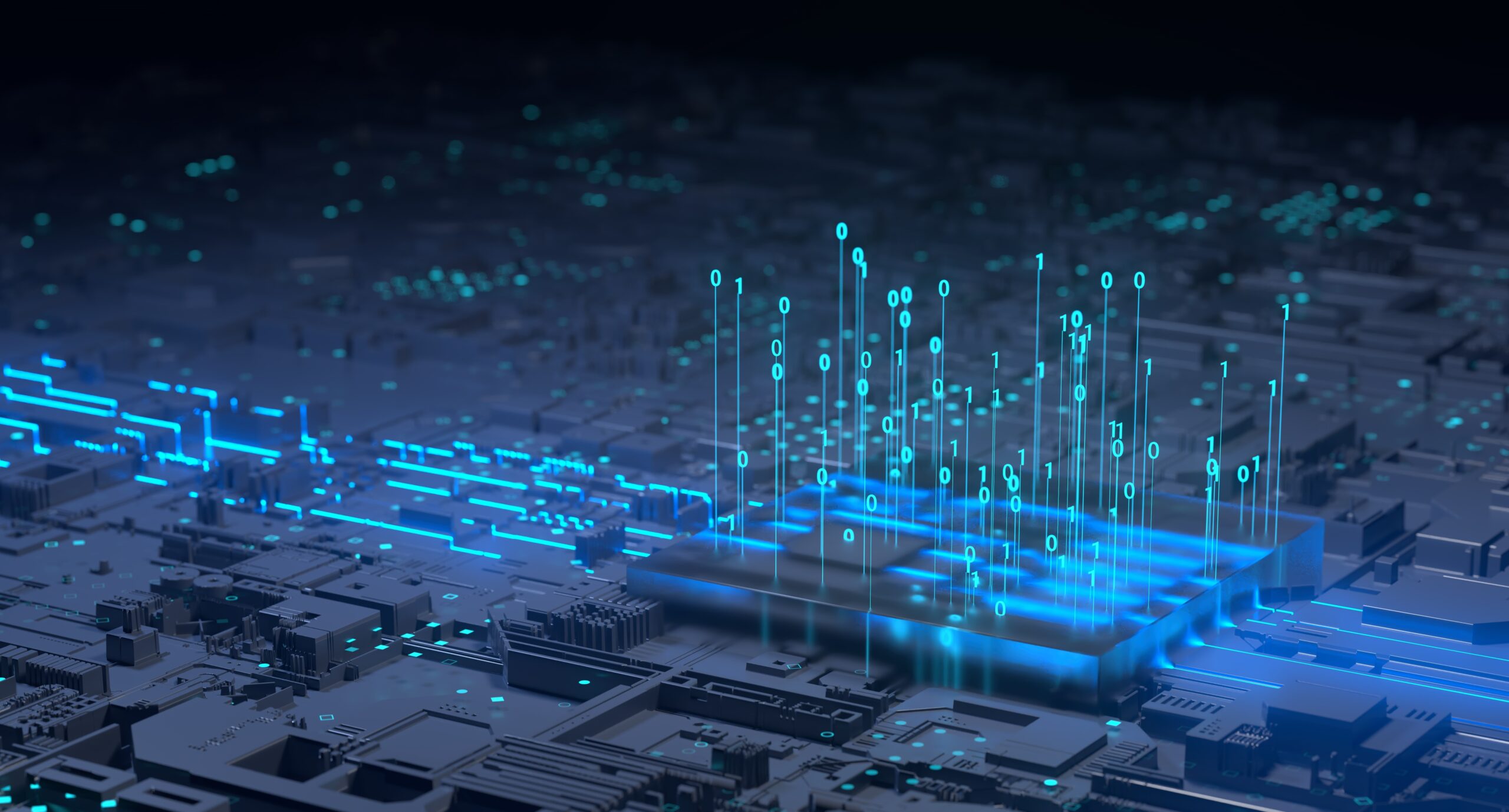 A futuristic circuit board with glowing blue lines and binary code projections. The image suggests digital data transmission or advanced technology with numerous electronic components interconnected in a complex network. - CSA Catapult