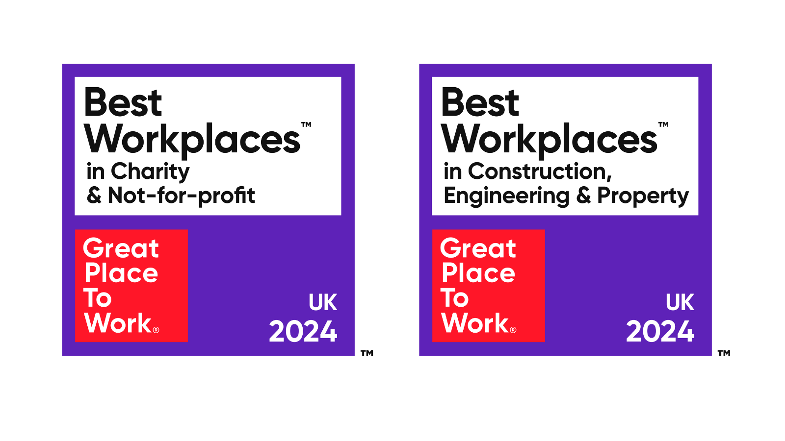 Two purple and white award badges from "Great Place to Work" for 2024. The first badge is titled "Best Workplaces in Charity & Not-for-profit" while the second is "Best Workplaces in Construction, Engineering & Property." Both badges proudly display "UK 2024. - CSA Catapult