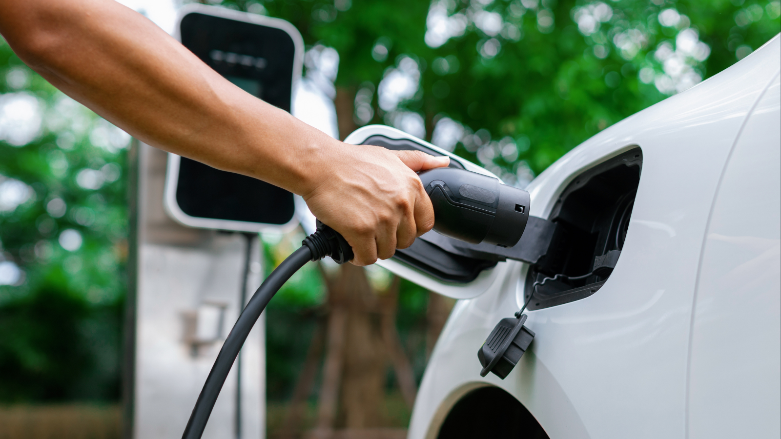 A person plugs a charging cable into a white electric car at a charging station. The background shows green trees, indicating an outdoor setting. The focus is on the hand holding the charger and the vehicle. - CSA Catapult