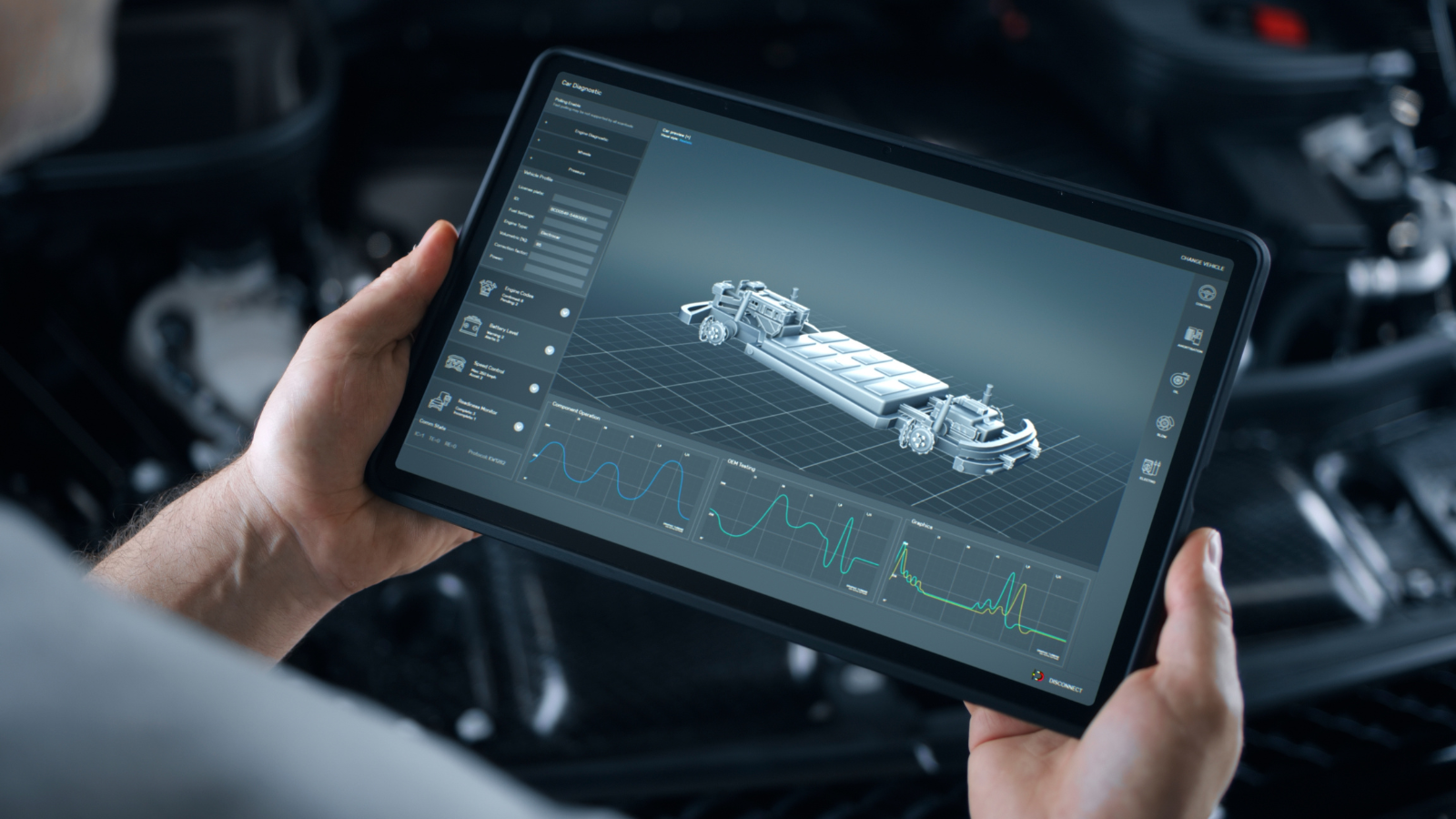 Person holding a tablet displaying a 3D model of an electric vehicle chassis with graphs and data on the screen. - CSA Catapult