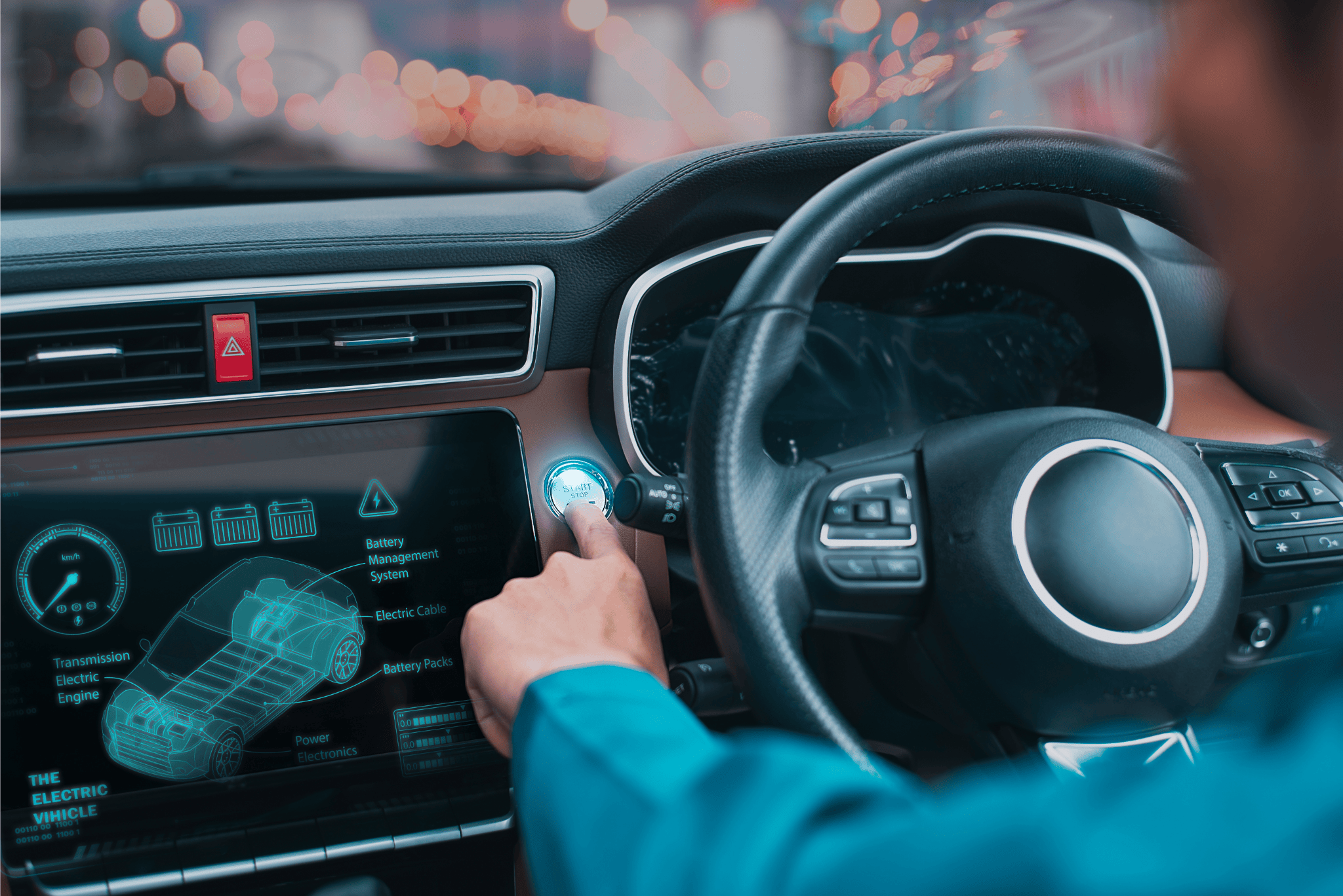 A person presses the start button in an electric car with a digital dashboard displaying security and vehicle info. - CSA Catapult