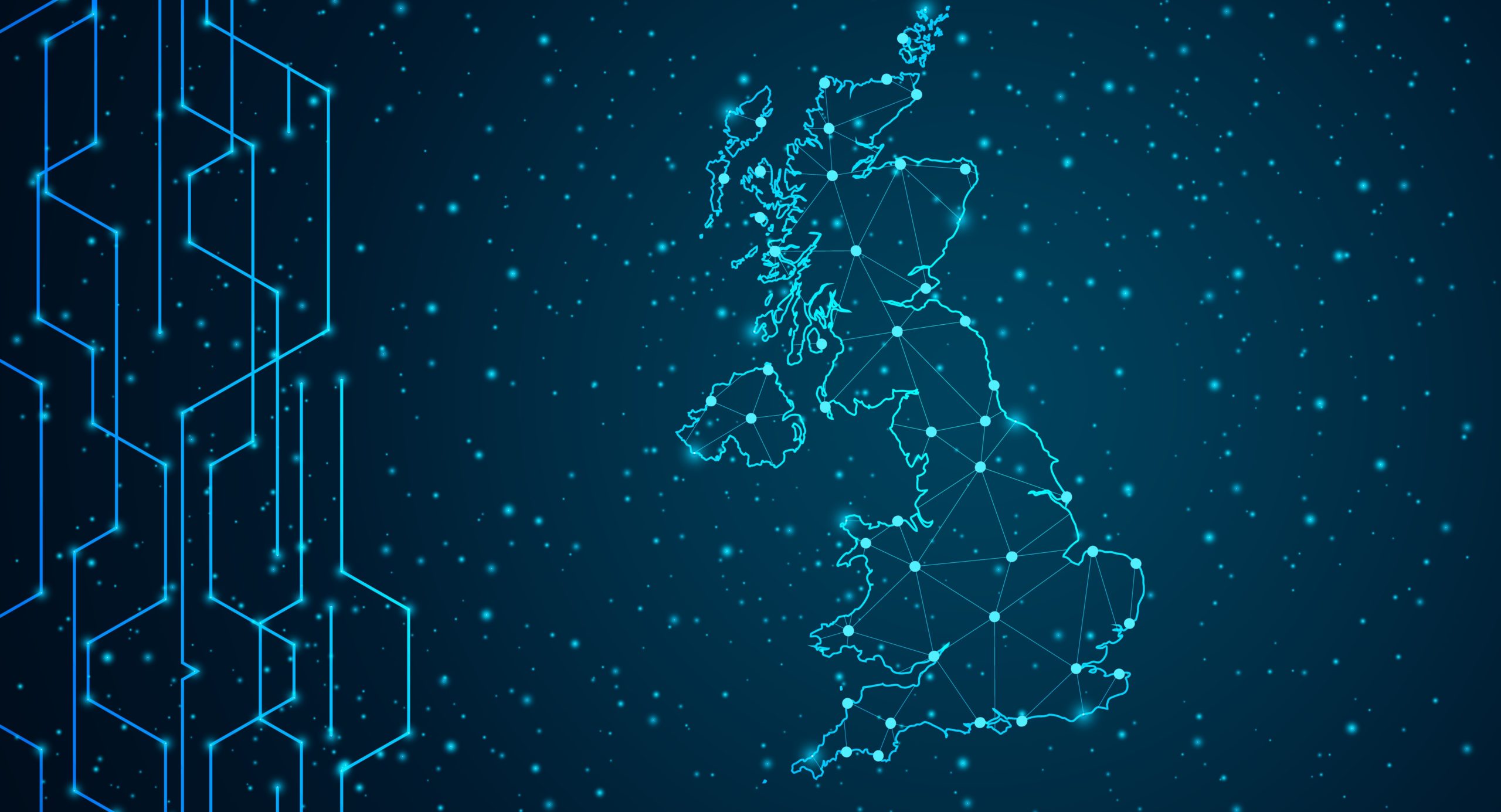 Digital map of the UK with glowing network lines, abstract tech patterns, and subtle hints of AI integration. - CSA Catapult
