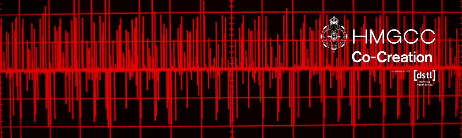 Red soundwave pattern on black background with “HMGCC Co-Creation” and personal electronic devices logos in white text on the right. - CSA Catapult