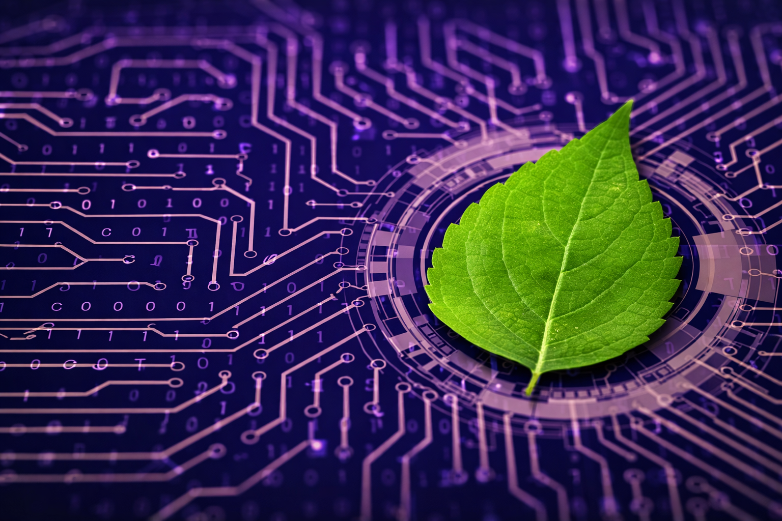 A green leaf lies on a purple circuit board, symbolizing the fusion of technology, nature, and e-solutions. - CSA Catapult