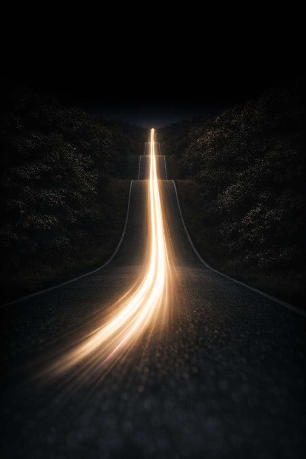 A winding, dark road with an AI-generated glowing light trail stretching into the distance between trees. - CSA Catapult